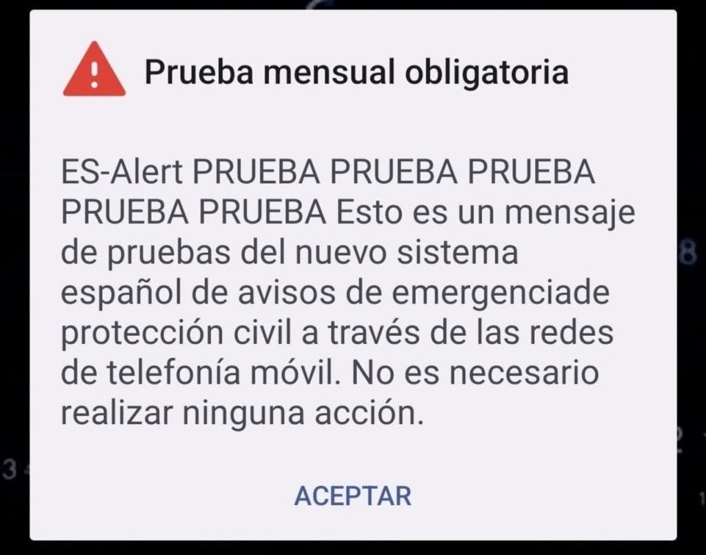 Mesajul primit de Spanioli începând de azi pe telefoanele mobile. Este es-alert, un sistem similar Ro-alert. 
