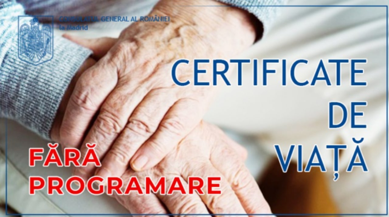 Certificatul de Viață sau Fe de Vida absolut necesar pentru primirea pensiei în Spania, se poate lua fără programare de la Consulatul din Madrid